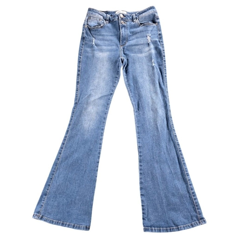 Vipones Womens Size 12 High‎ Rise Flare Jeans Medium Wash Distressed Blue  101